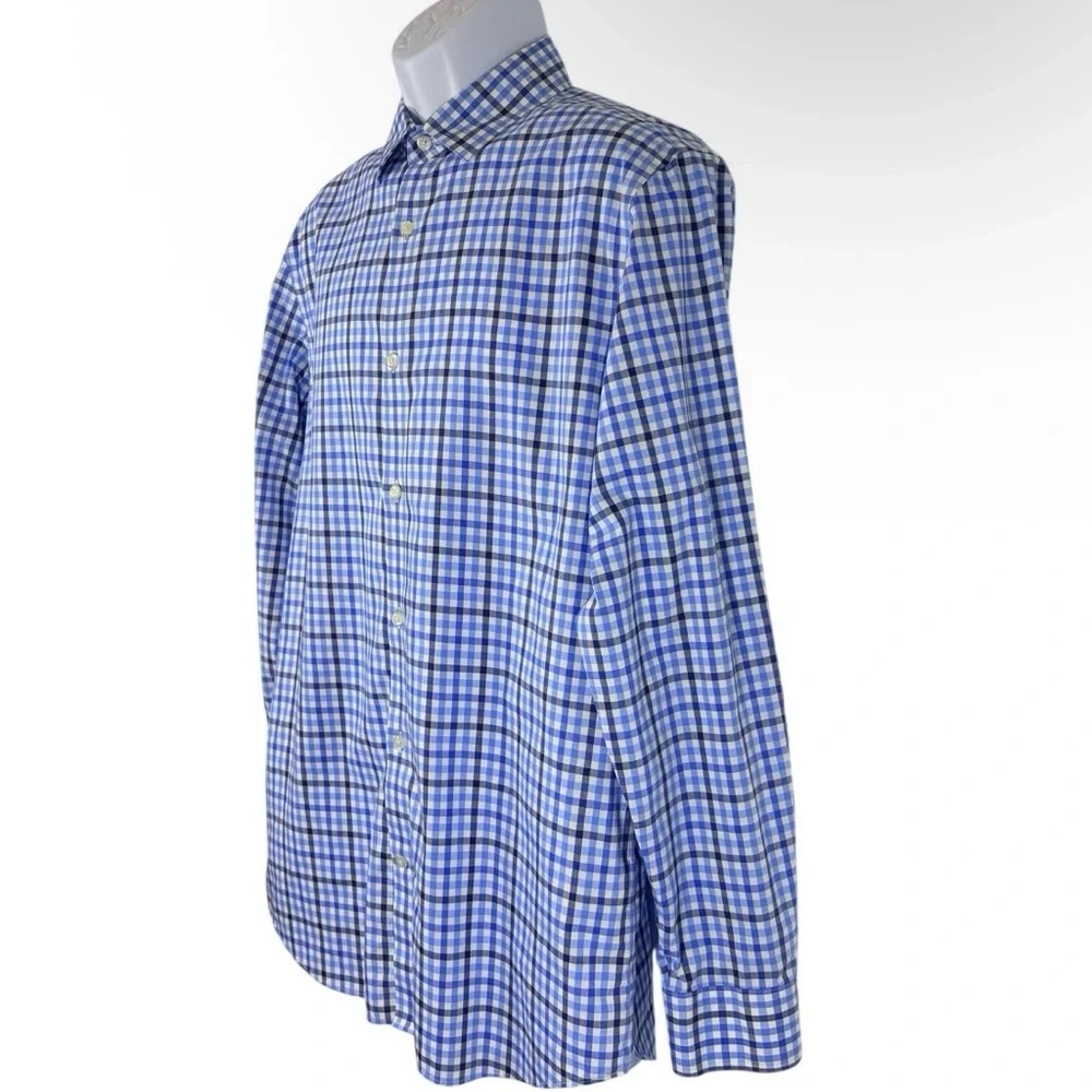Banana Republic Grant Fit Blue Plaid Button Down SzL Non Iron Cotton Stretch